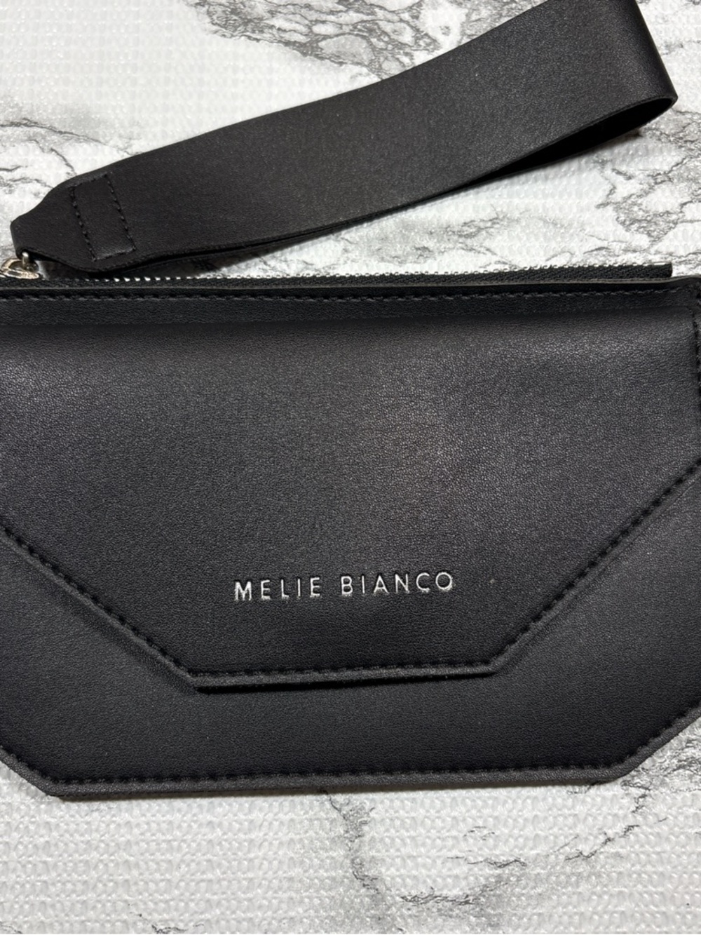 Melie Bianco Black Leather Wristlet Clutch with Detachable Strap